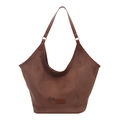 Minimalist dark brown suede bucket tote bag with gold metal rings and single shoulder strap - Brown