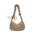 Khaki corduroy crescent bag with bow embroidery and ruffled shoulder strap - Khaki