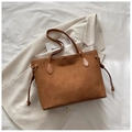 Detail view of brown suede tote bag featuring side drawstring accents and thick texture - No Pendant / Brown