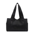 Large black faux leather tote bag with silver studs and vertical zipper pockets - Black