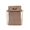 Quilted knit shoulder bag with gold chain and metal twist lock on white background - Khaki