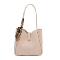 Borsa a secchiello beige minimalista in ecopelle opaca con elegante foulard in seta sul manico - Bianco
