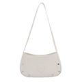 Minimalist white faux leather half-moon shoulder bag with heart patch and silver rivets - White