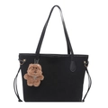 Bolso tote negro minimalista de ante para invierno con cordón y amuleto de oso de peluche - Con Ornamento / Negro