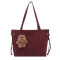 Bolso tote de ante rojo oscuro con correas de cuero y un colgante de perro de peluche - Con Ornamento / Burdeos
