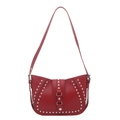 Vintage red leather crossbody bag featuring silver stud accents and adjustable strap - Red
