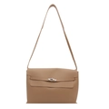 Minimalist khaki leather shoulder bag with silver metal buckle for daily commute style - Khaki