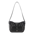 Retro black shoulder bag with silver studs and metal ring buckle on a white background - Black