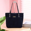 Minimalist black corduroy tote bag with leather handles and large capacity storage - Black