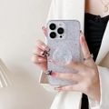Funda para iPhone 16 Pro Max transparente con purpurina plateada y soporte plegable - iPhone 7/8/SE 2020 / Brillo Holográfico (con Soporte)