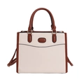 Elegante borsa a mano in pelle crema e marrone con manico superiore e tracolla quadrata - Bianco Sporco