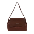 Bolso bandolera de cuero marrón y ante con cadena dorada y detalles de texto moderno - Marrón