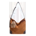 Brown suede large tote bag with retro hobo style and plush bear charm accent - Brown With Pendant
