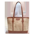 Bolso tote de lona beige con ribetes de cuero marrón y correas para uso diario - Marrón