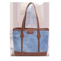 Bolso tote de tela vaquera azul y cuero marrón con ribetes en contraste y parche - Azul oscuro