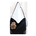 Minimalist black suede hobo tote bag with brown leather accents and a teddy bear charm - Black with Pendant