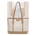 Bolso tote de lona beige y cuero caqui con etiqueta de moda y correas de hombro finas - Caqui