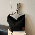 Minimalist black suede tote bag with brown leather accents and large capacity - Black