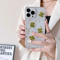 Clear iPhone case featuring real four-leaf clover specimens and gold foil in epoxy resin - Gold Foil-Four Leaf Clover / iPhone 7/8/SE 2020
