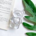Macro detail of holographic bear phone grip with white glitter heart on clear resin - Bear with Heart / Aurora Color