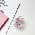 Cute transparent acrylic phone grip with pink cloud outline and cartoon strawberry design - Pink-edged Strawberry Rabbit