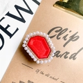 Octagon red gem phone socket with white pearls and sparkling rhinestones border - Red