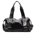 Classic black faux leather tote bag with vintage bronze hardware and crossbody strap - Black