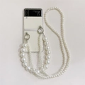 Samsung Z Flip case featuring a long crossbody white pearl chain strap and clear shell - Transparent (Pearl Double Chain) / Samsung ZFlip3