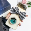 Samsung Z Flip case featuring a cream base, houndstooth bow, and sparkling ring mirror - Round Mirror Stand (ZFlip3)