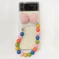 Pink checkered bow case for Samsung Z Flip series with colorful beaded wrist strap - Pink / Samsung ZFlip3