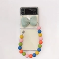 Clear case for Z Flip folding phone with green plaid bow and colorful matte bead lanyard - Blue / Samsung ZFlip3