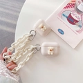 Cute cream white bear AirPods case with chunky acrylic chain and bow detail - Lattice Bear (Apricot) with White Chain / AirPods 1/2