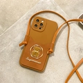 Funda de iPhone marrón caramelo con tarjetero de oso dorado y correa para el hombro - Estilo Cruzado con Ranura para Tarjeta de Oso Marrón (iPhone 7/8/SE 2020)