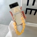 Beige clear heart phone case for Samsung Galaxy Z Flip3 with yellow beaded chain strap - Yellow / Samsung ZFlip3