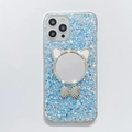 Glitzernde hellblaue iPhone Hülle mit Strass Katzen Spiegel und Perlen Schleife Design - iPhone 13 Pro Max / Blau