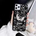 Luxury iPhone case with sparkling charcoal rhinestones and elegant silver swan emblem - Black / iPhone 7/8/SE 2020