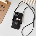 Black leather texture iPhone case with card holder, crossbody strap and silver WANG logo - Rhinestone Letter Card Holder - Black / iPhone 7/8/SE 2020