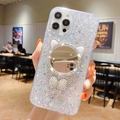 Glitzernde iPhone Hülle in Silber mit Strass-Katzenohren-Spiegel und Perlen-Schleife - iPhone 13 Pro Max / Silber