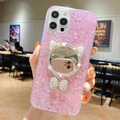 Rosa Glitzer Handyhülle mit Katzenohr-Spiegel und Perlenbogen für iPhone 16 - iPhone 13 Pro Max / Rosa