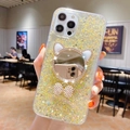 Glitzer-Handyhülle in Gold mit Strass-Spiegel und Perlen-Schleife für iPhone-Modelle - iPhone 13 Pro Max / Gold