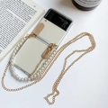 Galaxy Z Flip clear case with gold crossbody chain and elegant white pearl handle strap - Clear Hard Case - Dual Leather Hooks - Pearl Wristlet + Metal Long Chain / Samsung ZFlip3