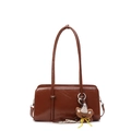 Retro deep brown glossy faux leather shoulder bag with cute teddy bear charm accessory - Yellow Brown (With Charm)