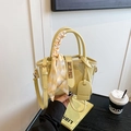 Pale yellow leather and PVC bucket bag with plaid scarf decor and metal buckle - Yellow