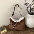 Brown suede shoulder bag with white faux fur trim and vintage monogram pattern - Brown