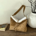 Brown faux suede hobo bag with white faux fur trim and logo embossing detailing - Khaki