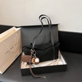 Large black matte shoulder tote bag with baseball themed charm inside a gift box - With Pendant / Black