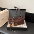 Dark brown suede tote bag with leather straps and mini pouch in a luxury gift box - With Pendant / Brown