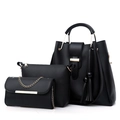 Three-piece black PU leather handbag set with tote, crossbody bag, and clutch with tassel - Black