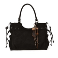 Borsa tote nera in pelle scamosciata con coulisse decorative e ciondolo bohémien - Con Ciondolo / Marrone