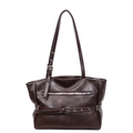Large dark brown faux leather tote bag with decorative metal buckles and zipper - Coffee